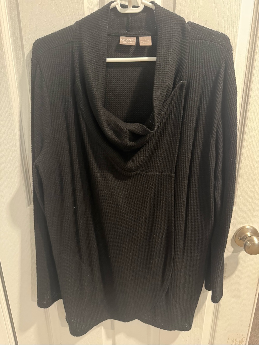 Chico's Black Waffle-Knit Cowl Neck Tunic Top